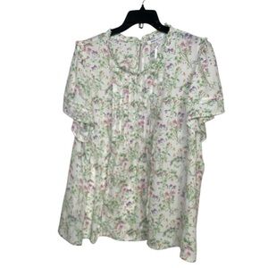 Rose & Olive white with pink, purple, and green floral print short sleeves sz 3X